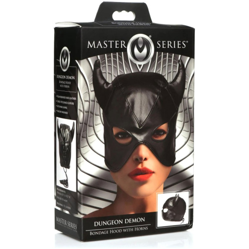 Dungeon Demon Bondage Hood With Horns - Black