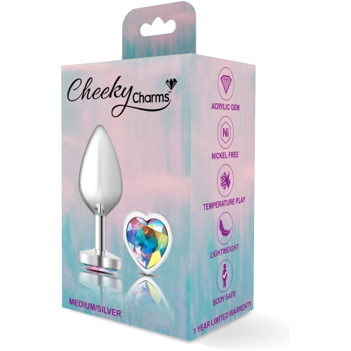 Cheeky Charms-Silver Metal Butt Plug- Heart-Clear-Medium