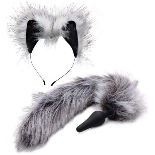 Grey Wolf Tail Anal Plug and Ears Set