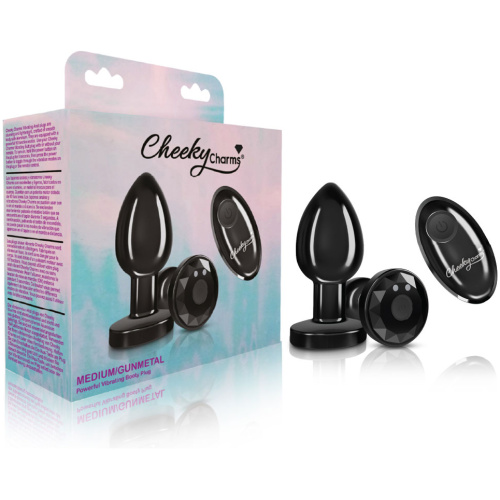 Cheeky Charms - Rechargeable Vibrating Metal Butt Plug With Remote Control - Gunmetal - Medium