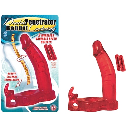 Double Penetrator Rabbit Cock Ring - Red