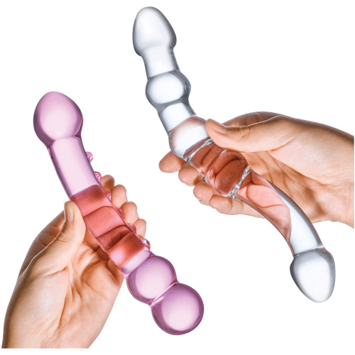 2 Pc Double Pleasure Glass Dildo Set - Pink/clear