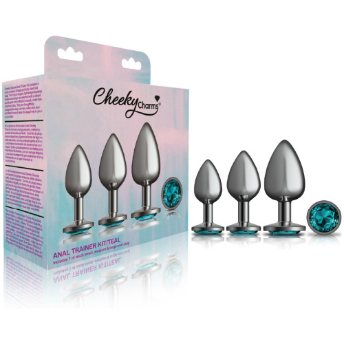 Cheeky Charms - Metal Butt Plug Gunmetal - Round - Teal - Anal Trainer Kit