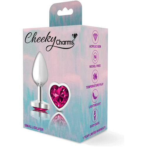 Cheeky Charms-Silver Metal Butt Plug- Heart-Bright Pink-Small
