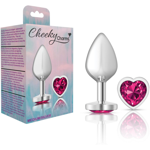 Cheeky Charms-Silver Metal Butt Plug- Heart-Bright Pink-Medium