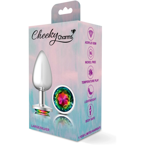 Cheeky Charms-Silver Metal Butt Plug- Round-Rainbow-Large
