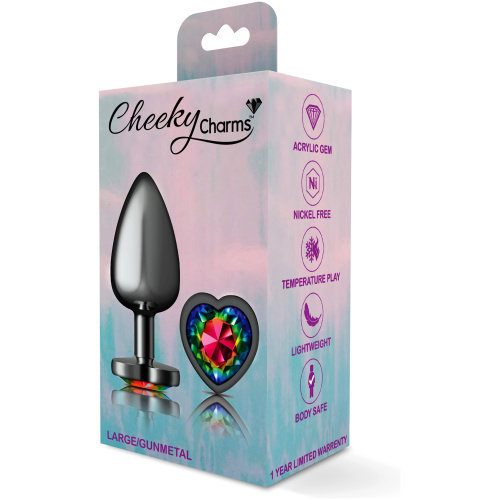 Cheeky Charms-Gunmetal Metal Butt Plug- Heart-Rainbow-Large