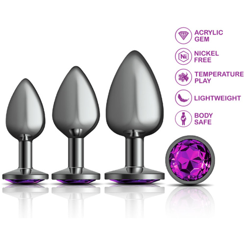 Cheeky Charms - Metal Butt Plug Gunmetal - Round - Deep Purple - Anal Trainer Kit