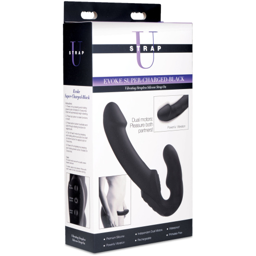 Evoke Rechargeable Vibrating Silicone Strapless Strap on - Black