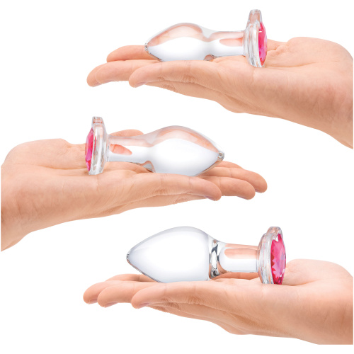 3 Pc Heart Jewel Glass Anal Training Kit - Clear/pink