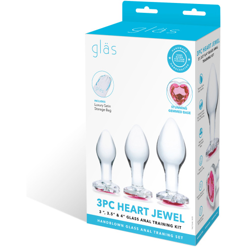 3 Pc Heart Jewel Glass Anal Training Kit - Clear/pink