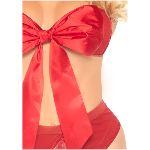 2 Pc Satin Ribbon Gift Bandeau With Hook-N-Eye Back and Matching G-String - Red - Medium