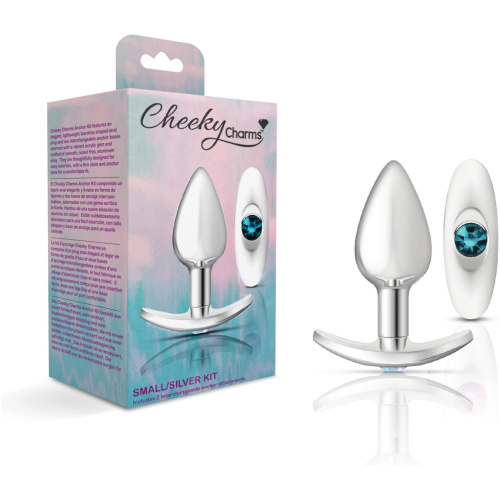 Cheeky Charms-Silver Metal Butt Plug Kit- Clear/teal