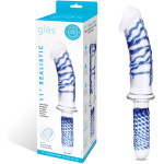 11 Inch Realistic Double Ended Glass Dildo With  Handle - Blue/clear