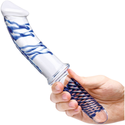 11 Inch Realistic Double Ended Glass Dildo With Handle - Blue/clear