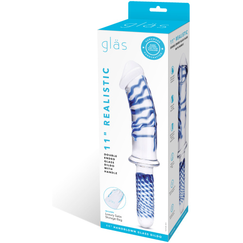 11 Inch Realistic Double Ended Glass Dildo With Handle - Blue/clear