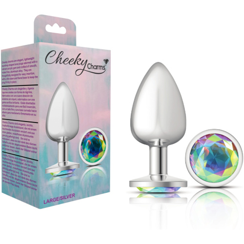 Cheeky Charms-Silver Metal Butt Plug- Round-Clear-Large