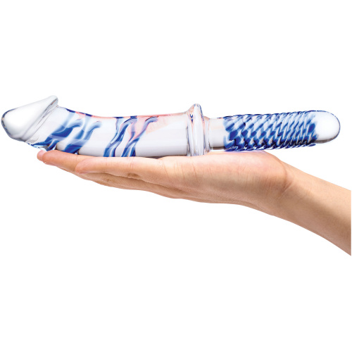 11 Inch Realistic Double Ended Glass Dildo With Handle - Blue/clear