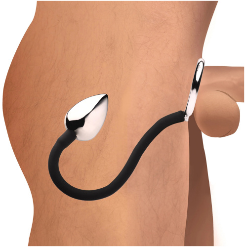 Tug Plus Plug Cock and Ball Ring With Anal Plug - Black