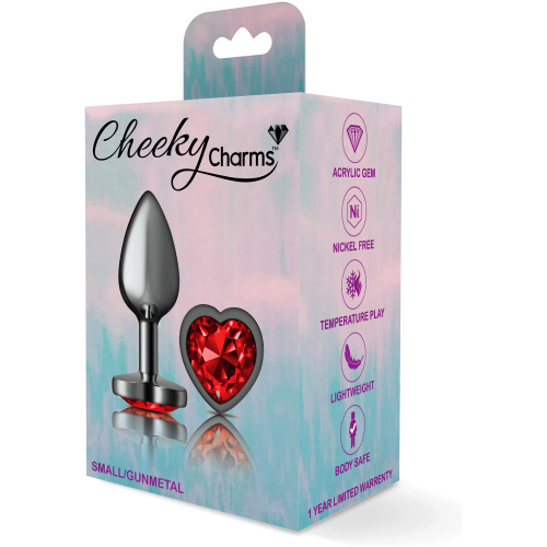 Cheeky Charms-Gunmetal Metal Butt Plug- Heart-Dark Red-Small