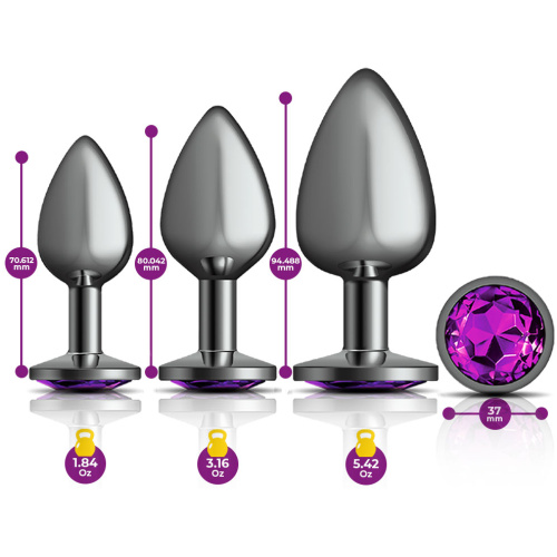 Cheeky Charms - Metal Butt Plug Gunmetal - Round - Deep Purple - Anal Trainer Kit