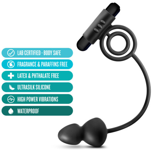 Anal Adventures - Platinum - Silicone Anal Plug With Vibrating C-Ring - Black