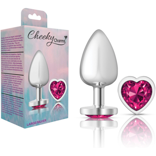Cheeky Charms-Silver Metal Butt Plug- Heart-Bright Pink-Large