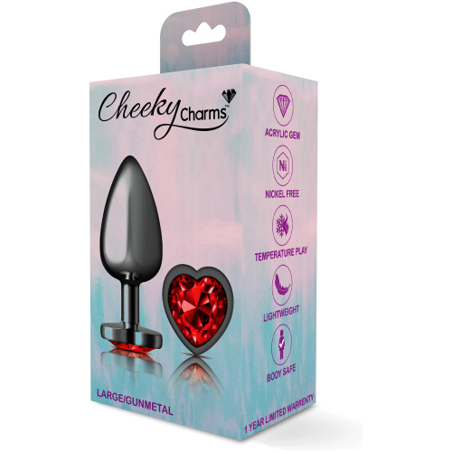 Cheeky Charms-Gunmetal Metal Butt Plug- Heart-Dark Red-Large