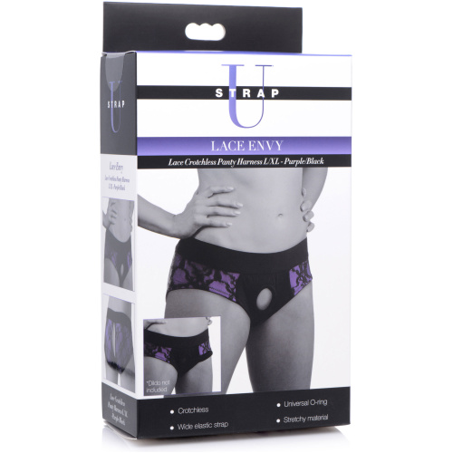 Lace Envy Crotchless Panty Harness - S/ M Black and Purple