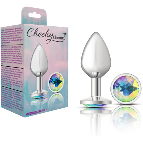 Cheeky Charms-Silver Metal Butt Plug- Round-Clear-Medium