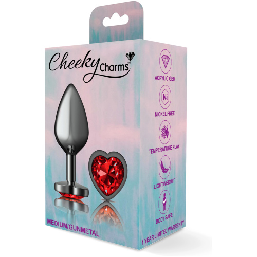 Cheeky Charms-Gunmetal Metal Butt Plug- Heart-Dark Red-Medium