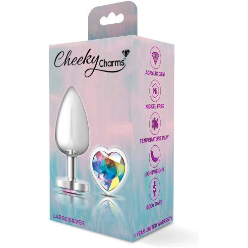 Cheeky Charms-Silver Metal Butt Plug- Heart-Clear-Large