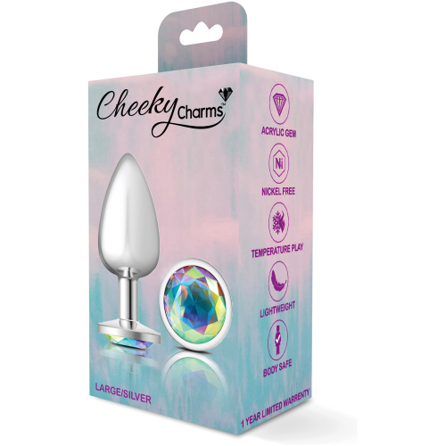 Cheeky Charms-Silver Metal Butt Plug- Round-Clear-Large