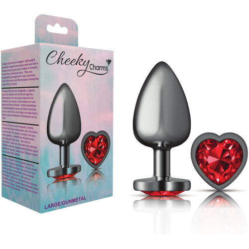 Cheeky Charms-Gunmetal Metal Butt Plug- Heart-Dark Red-Large