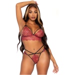 2 Pc Rhinestone Lace Bralette and G-String Set -  Medium - Burgundy