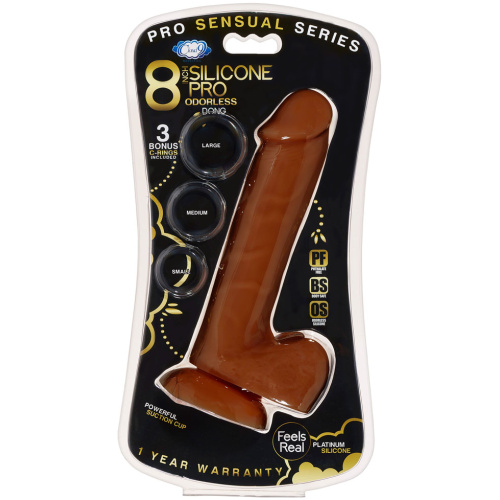 Pro Sensual Premium Silicone 8 Inch Dong With 3 Cockrings - Brown