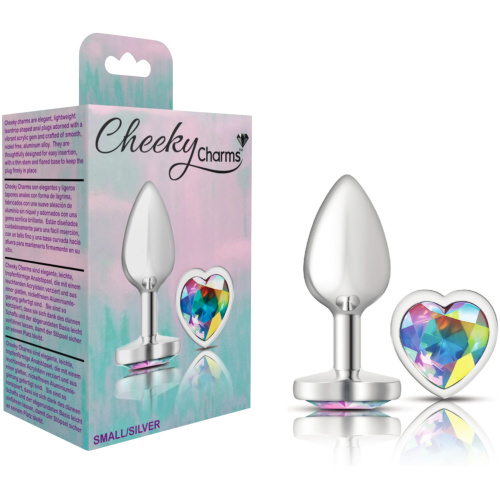 Cheeky Charms-Silver Metal Butt Plug- Heart-Clear-Small