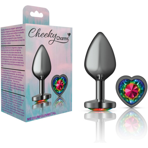 Cheeky Charms-Gunmetal Metal Buttplug- Heart-Rainbow-Medium