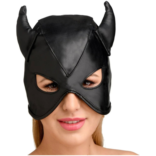 Dungeon Demon Bondage Hood With Horns - Black