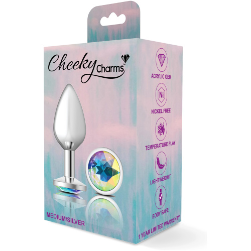 Cheeky Charms-Silver Metal Butt Plug- Round-Clear-Medium