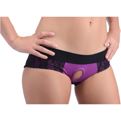 Lace Envy Crotchless Panty Harness - S/ M Black and Purple