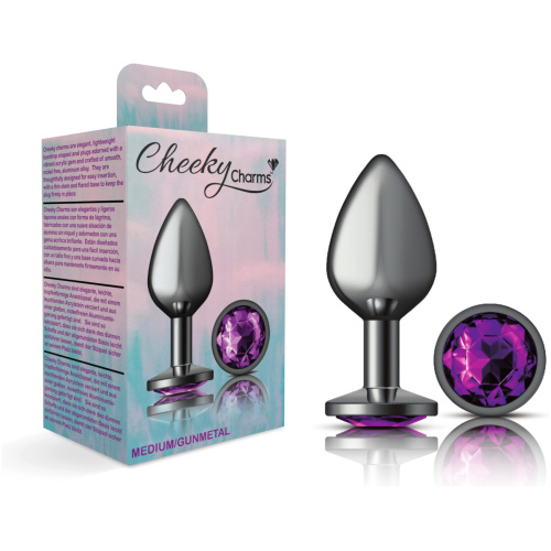 Cheeky Charms-Gunmetal Metal Butt Plug- Round-Deep Purple-Medium