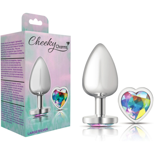 Cheeky Charms-Silver Metal Butt Plug- Heart-Clear-Large
