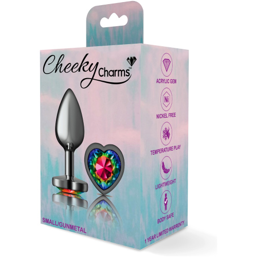 Cheeky Charms-Gunmetal Metal Butt Plug- Heart-Rainbow-Small