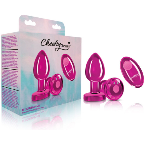 Cheeky Charms - Rechargeable Vibrating Metal Butt Plug With Remote Control - Pink - Medium
