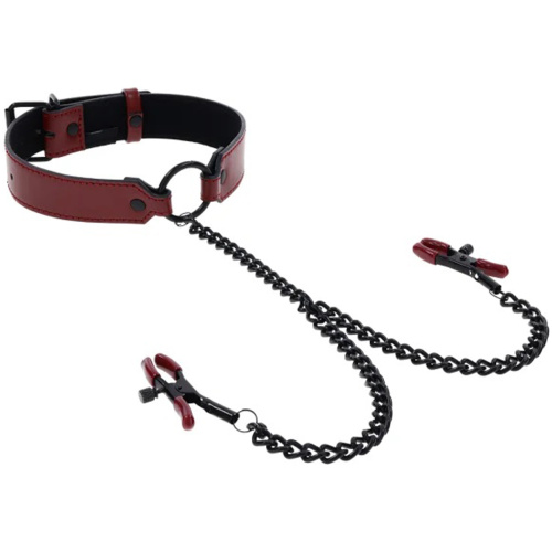 Saffron Collar With Nipple Clamps - Black/red