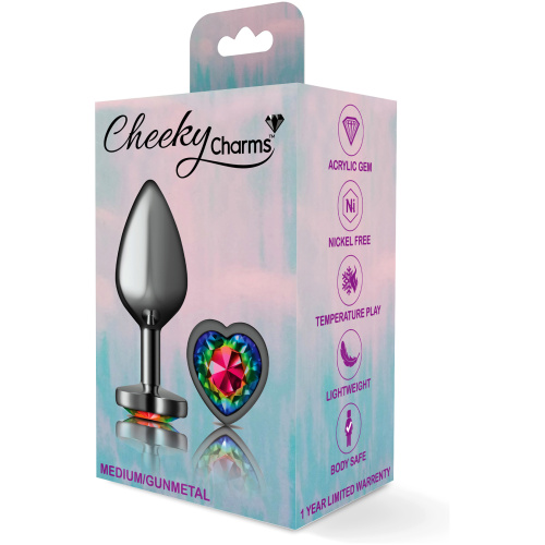 Cheeky Charms-Gunmetal Metal Buttplug- Heart-Rainbow-Medium