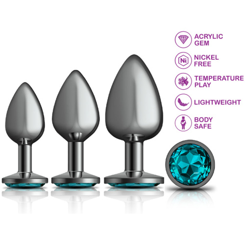 Cheeky Charms - Metal Butt Plug Gunmetal - Round - Teal - Anal Trainer Kit