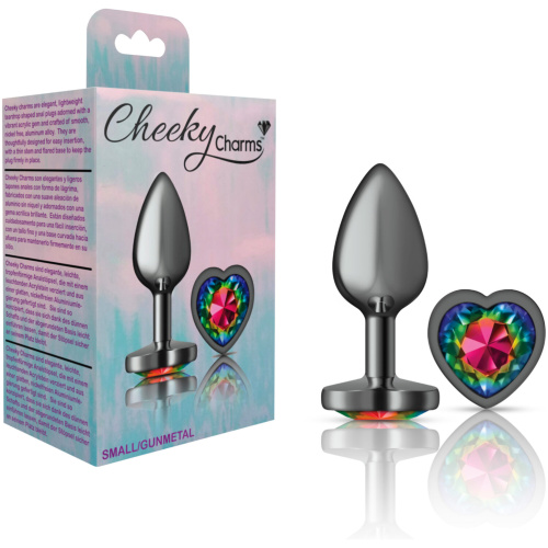 Cheeky Charms-Gunmetal Metal Butt Plug- Heart-Rainbow-Small