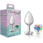 Cheeky Charms-Silver Metal Butt Plug- Heart-Clear-Medium